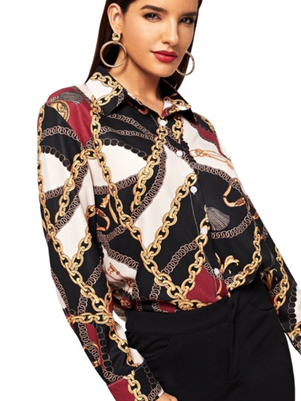 Yonda Chain Printed Long Sleeve Button down blouse. Size L. Elegant.